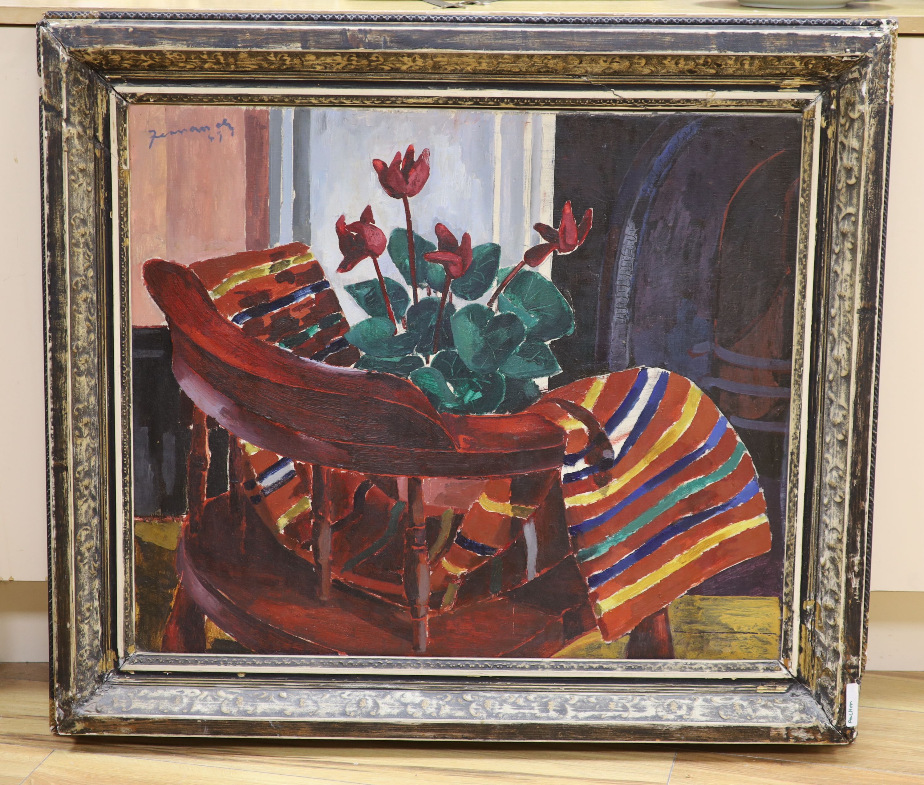 Modern British, oil on canvas, Still life with cyclamen upon an armchair, indistinctly signed and dated '49, 63 x 74cm